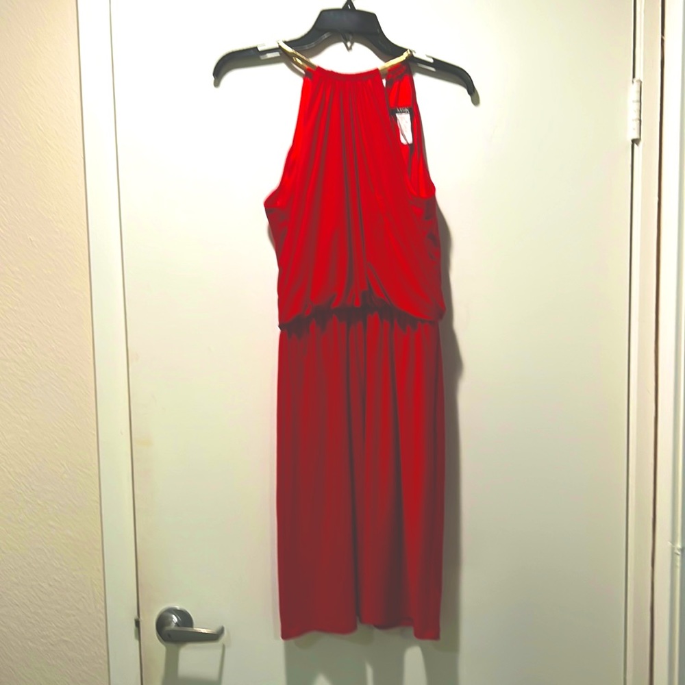 Bright Red dress with gold chain, drapey, size small